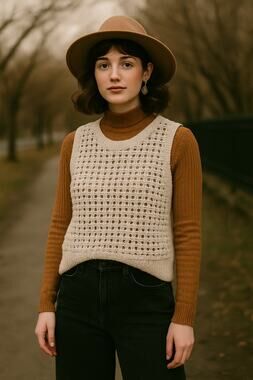 DKNY Crocheted Sz XL Chunky Open Knit Sweater Vest Top White Boho Hipster Preppy